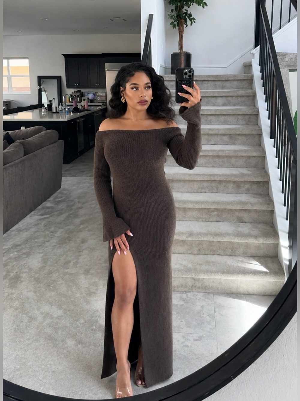 House of CB lucena espresso knit off shoulder dress